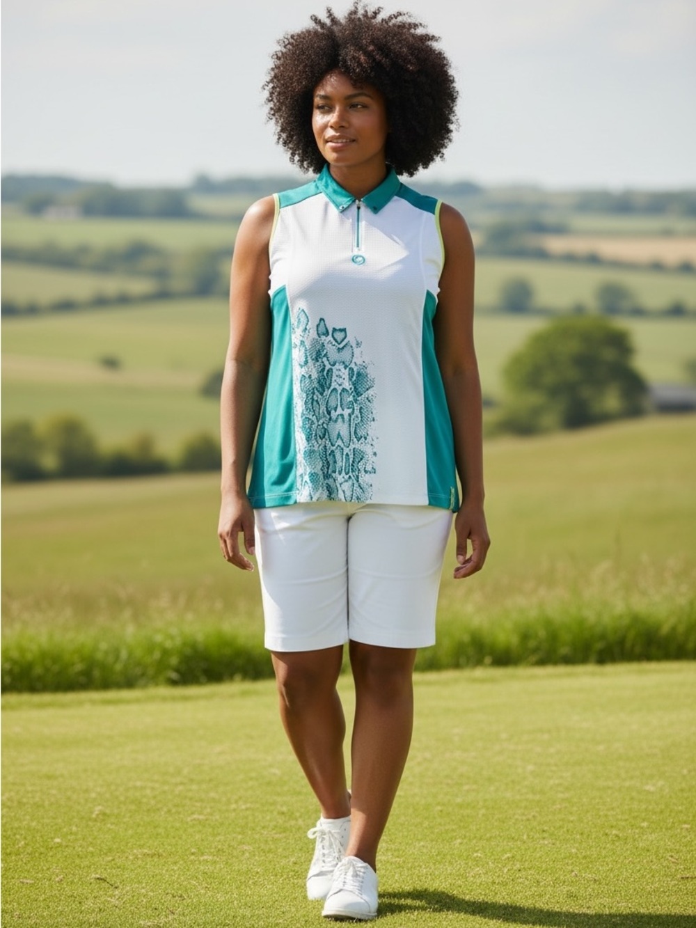 Women’s Active Sport Teal/White/Animal Print Sleeveless Golf Polo Top-Size 1X